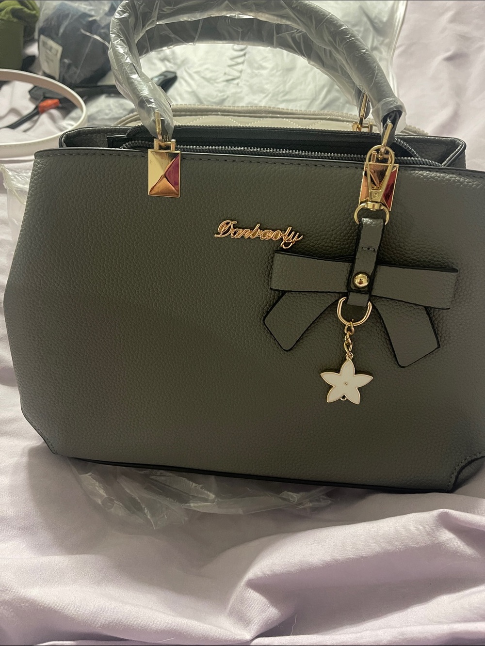 Structured gray Satchel with Floral Charm